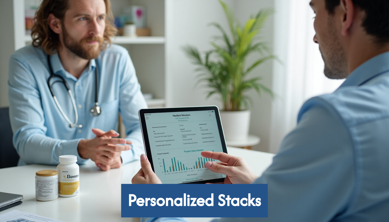 Person and doctor using health tablet for supplements