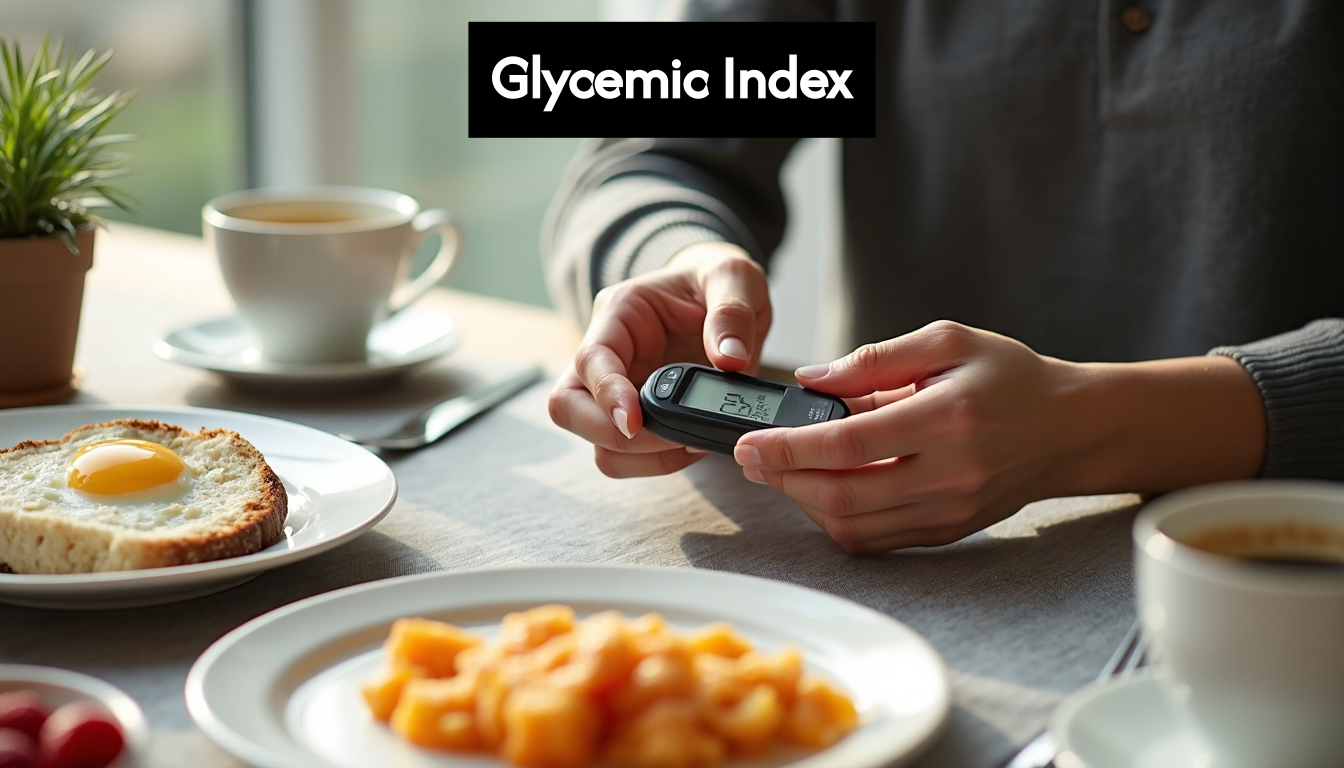 Person checking blood sugar at healthy breakfast table