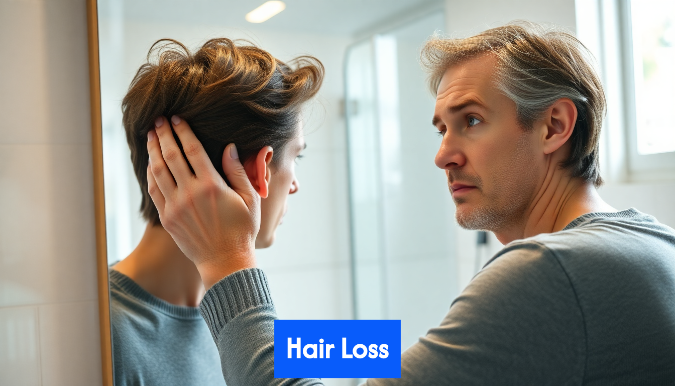 Person checking hair thinning in mirror
