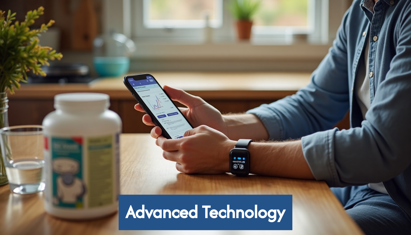 Person checking nutrition data with supplements nearby