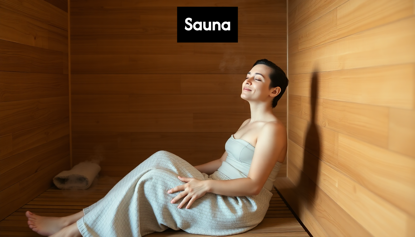 Person comfortably sitting in a warm, relaxing sauna.
