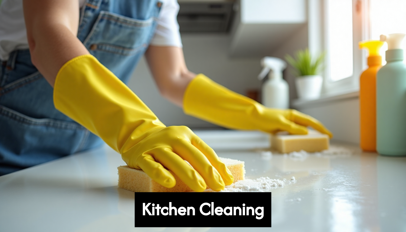Person deep cleaning kitchen countertop thoroughly