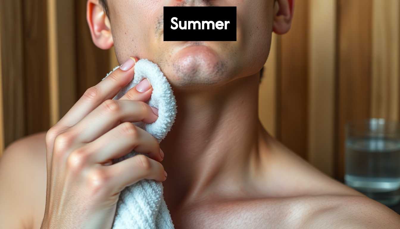 Person drying face with towel after sauna.