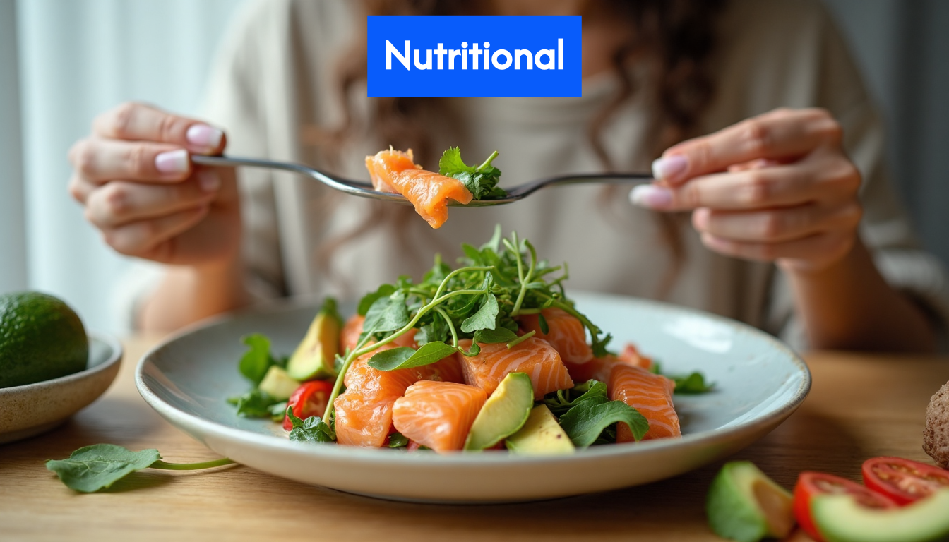 Person eating a meal of salmon, spinach, and avocado.