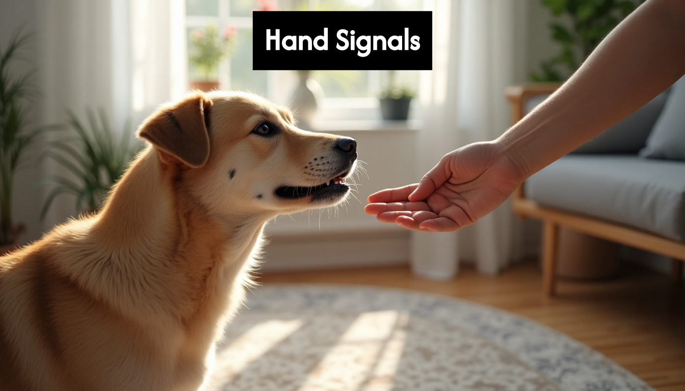 Person giving sit hand signal to attentive dog indoors