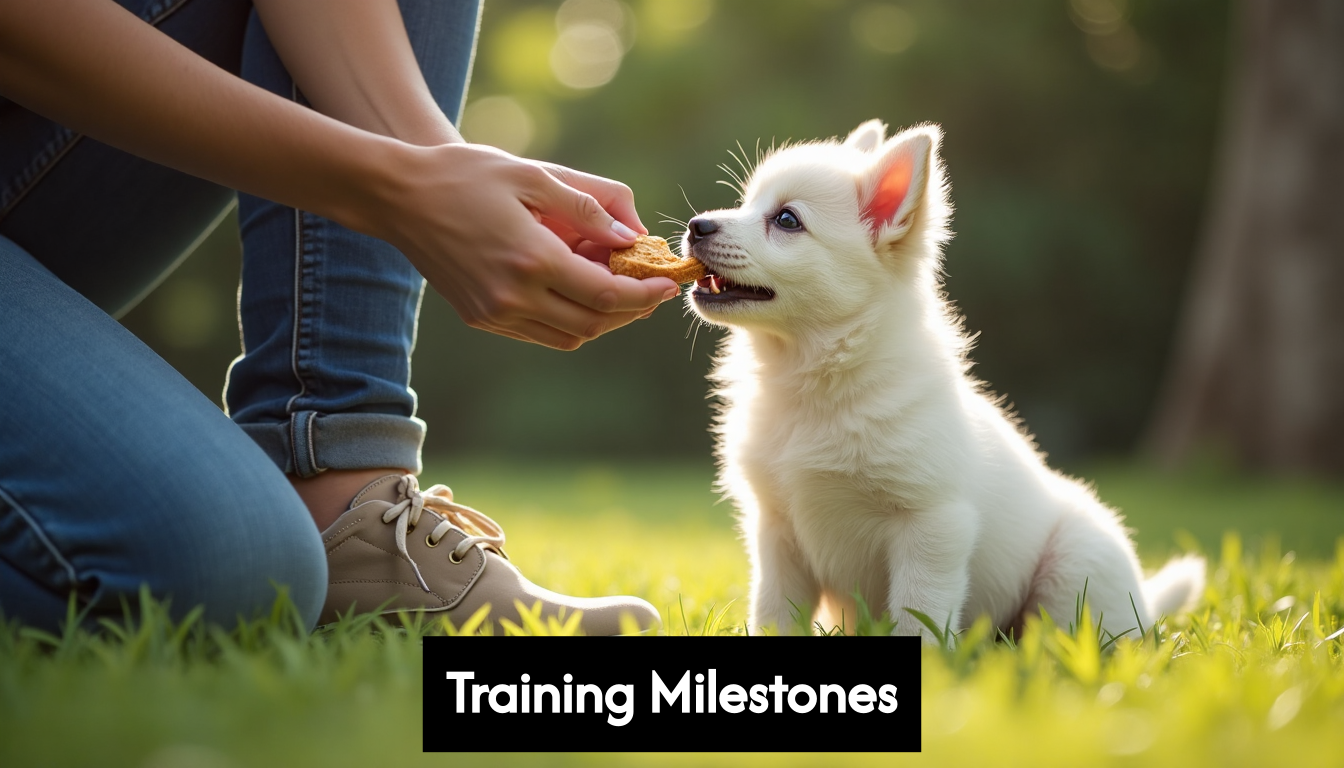 Person giving treat to sitting puppy during training.
