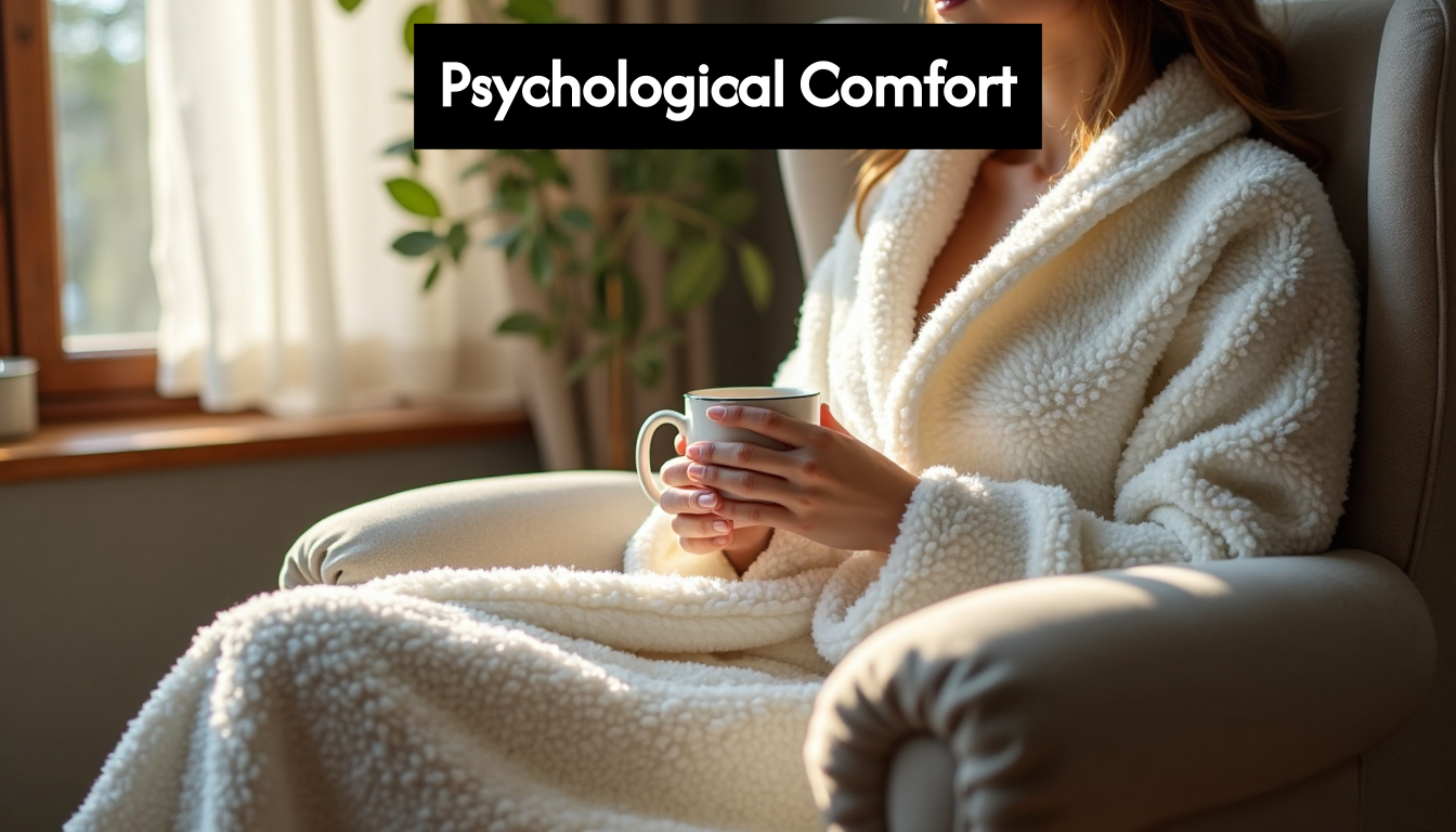 Person in soft plush robe relaxing at home with mug