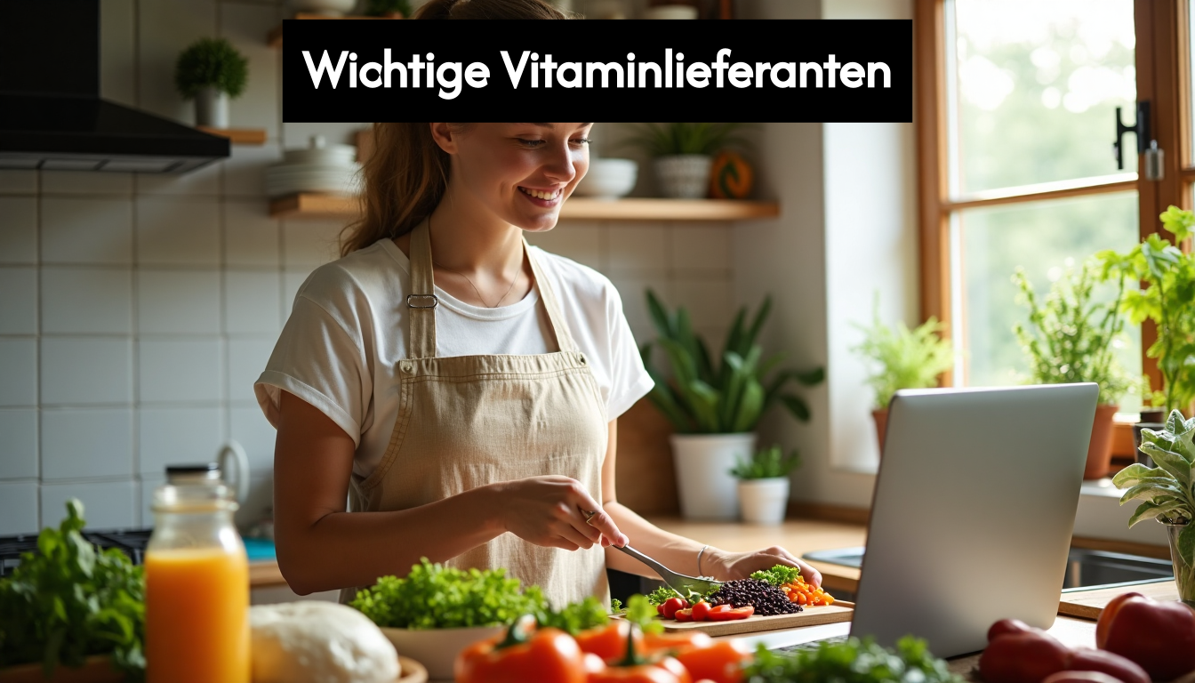 Person in sunny kitchen preparing vegetarian meal with vitamin sources guide on screen