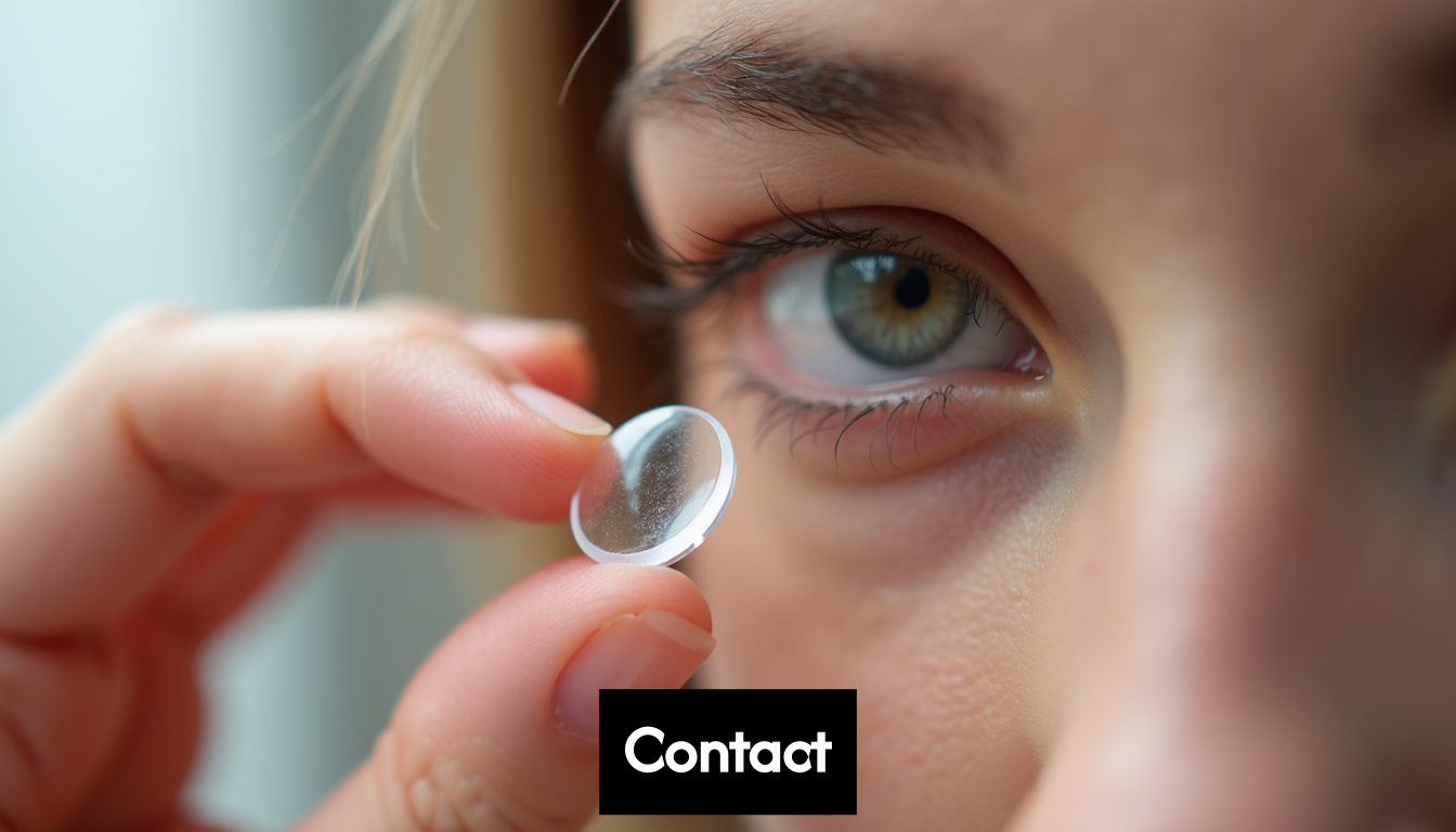 Person inserting a soft contact lens into their eye.