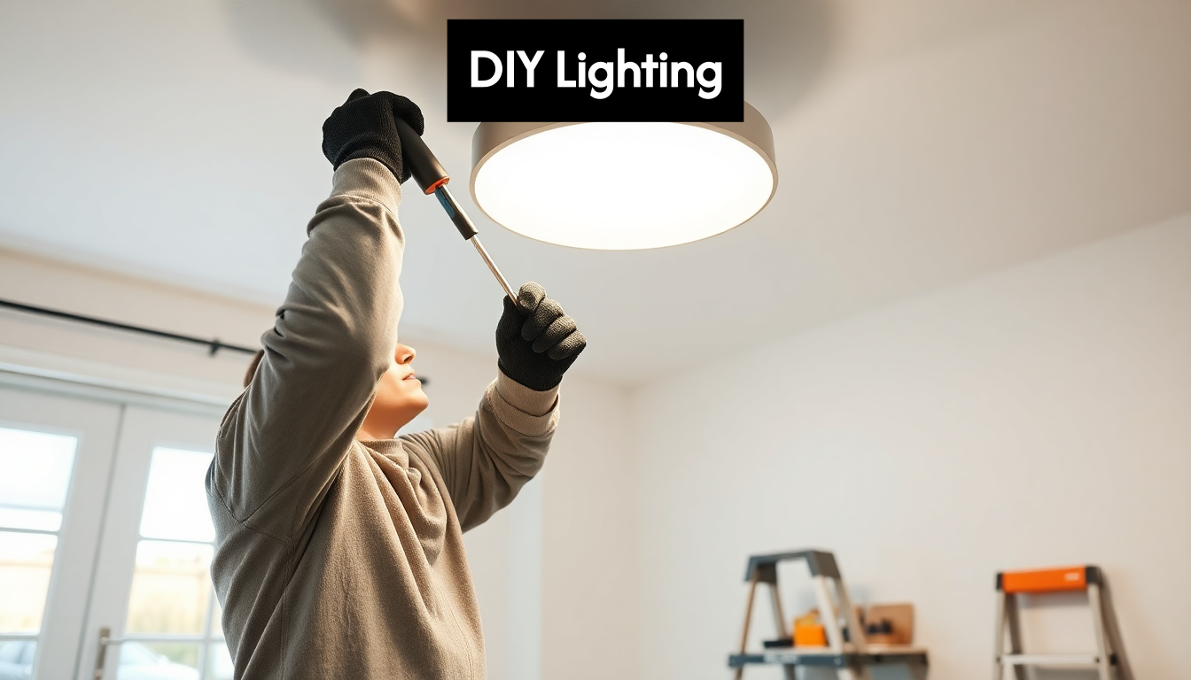 Person installing ceiling light fixture with tools