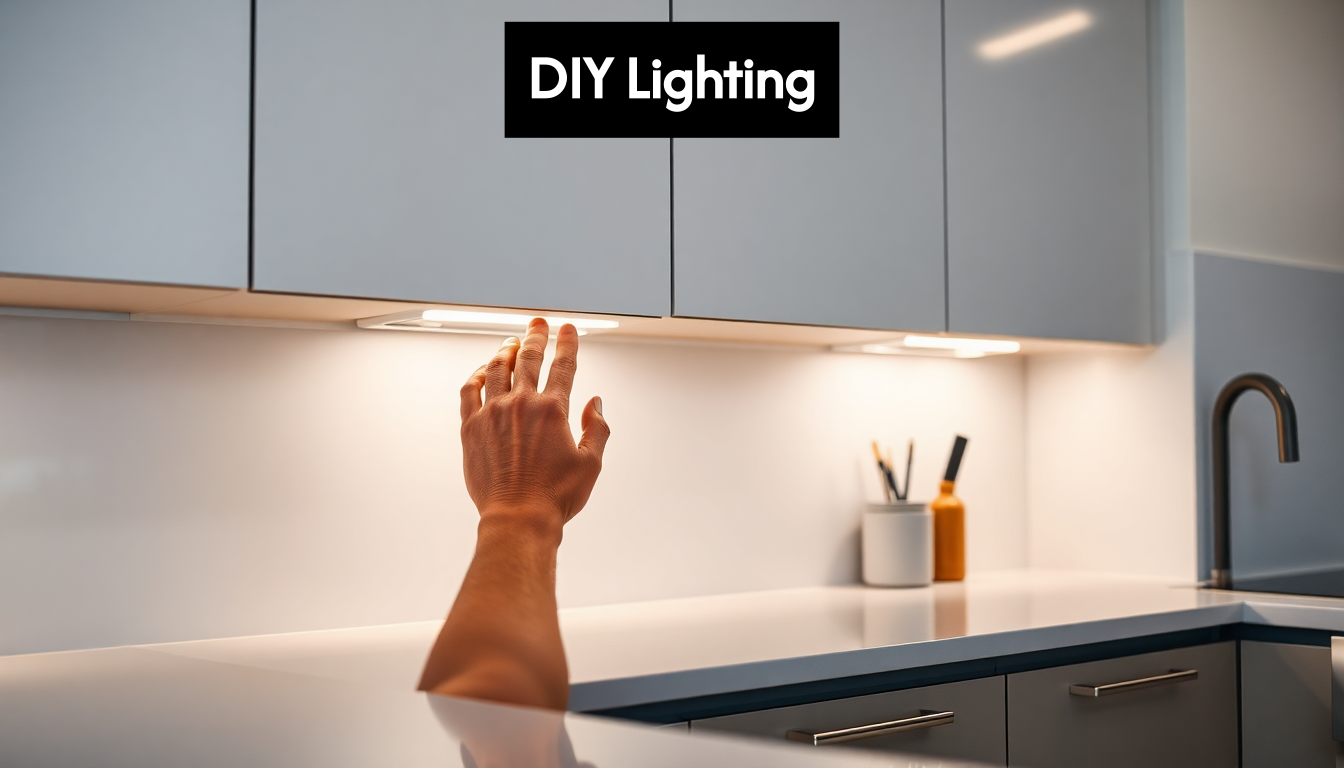 Person installing LED strip lights in kitchen