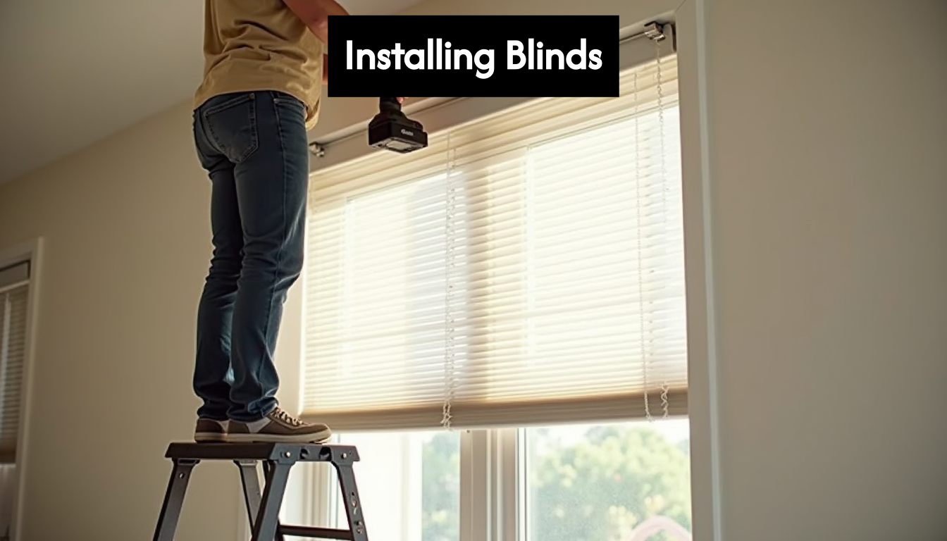 Person installing white window blinds with a drill.