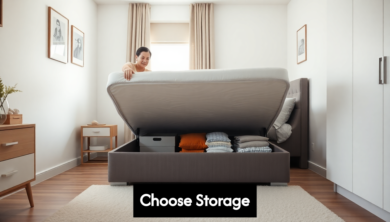 Person lifting ottoman bed to show hidden storage space