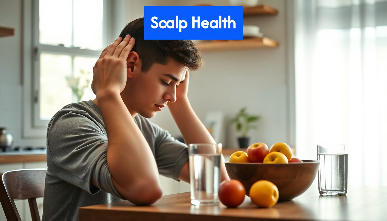 Person massaging scalp at breakfast table