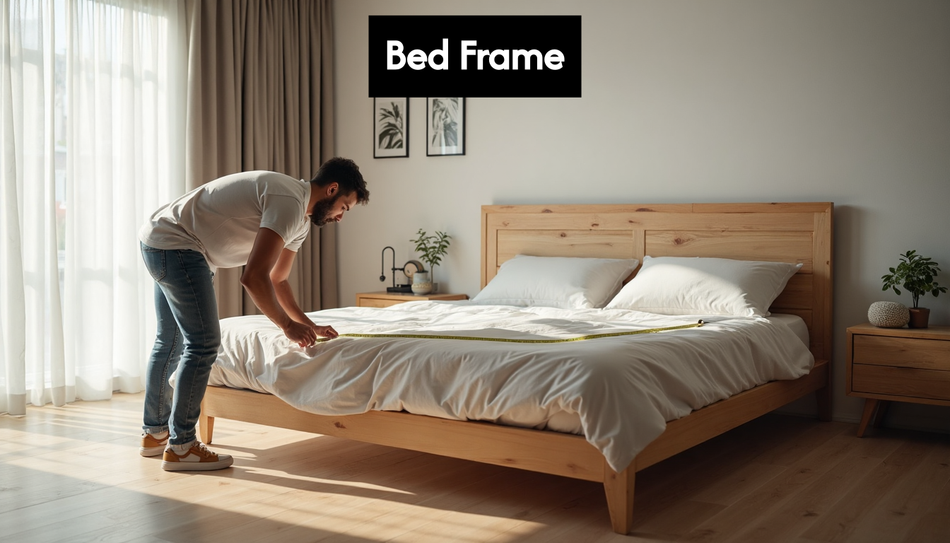 Person measuring a bed frame in a bright bedroom