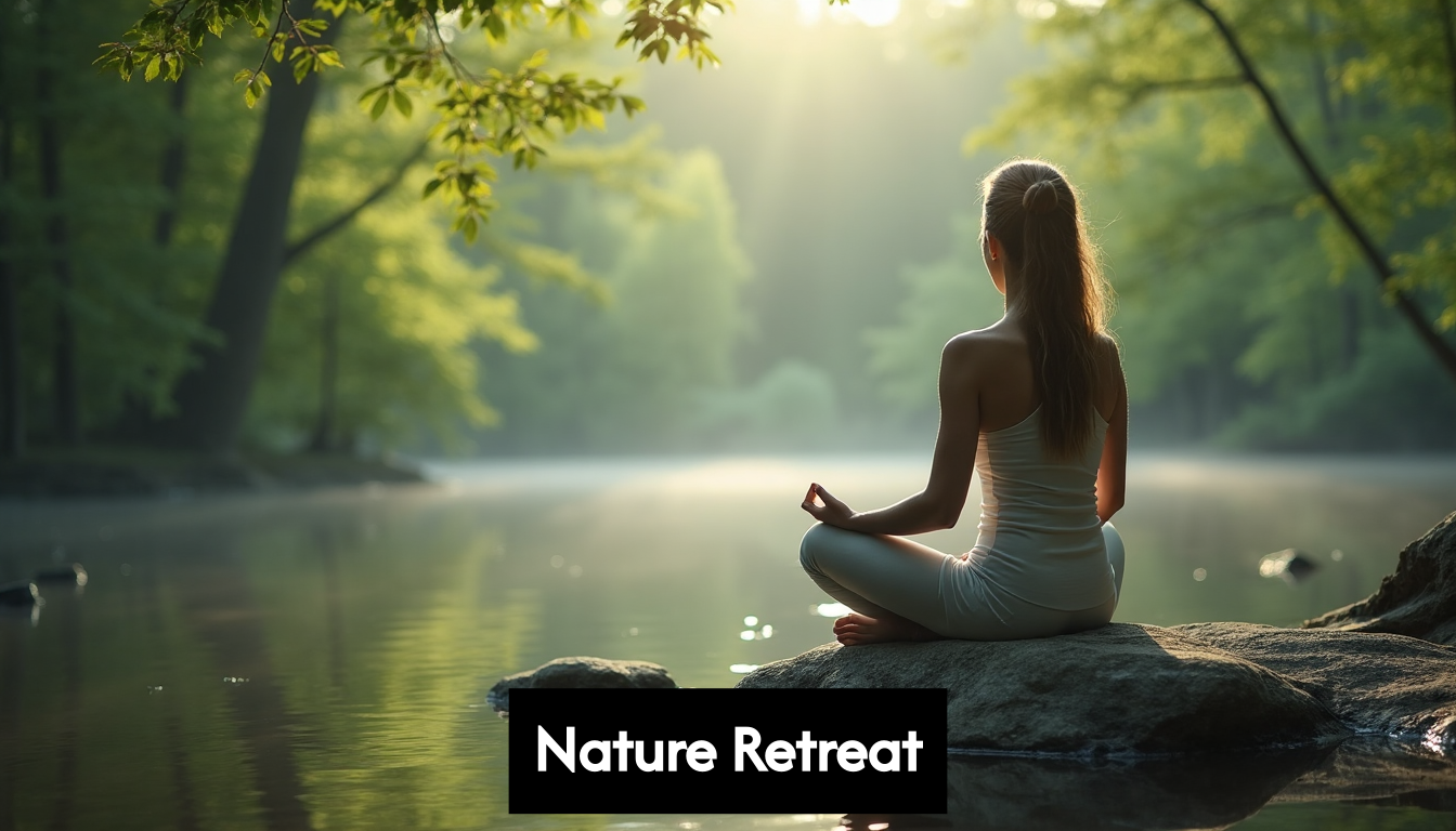 Person meditating by a lake in a forest.