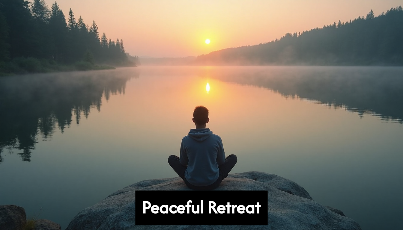 Person meditating by tranquil lake at sunrise