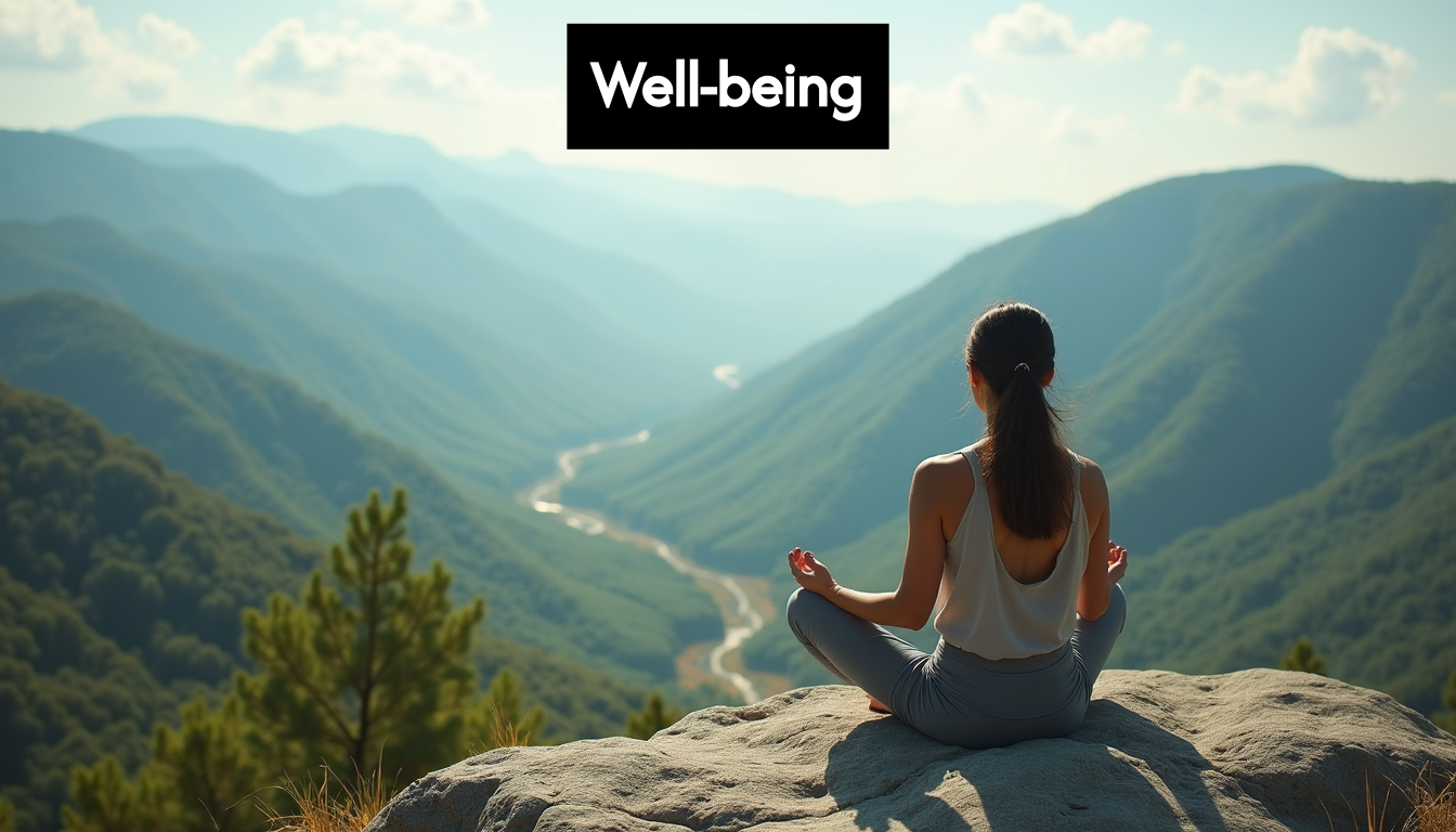 Person meditating overlooking a green valley.