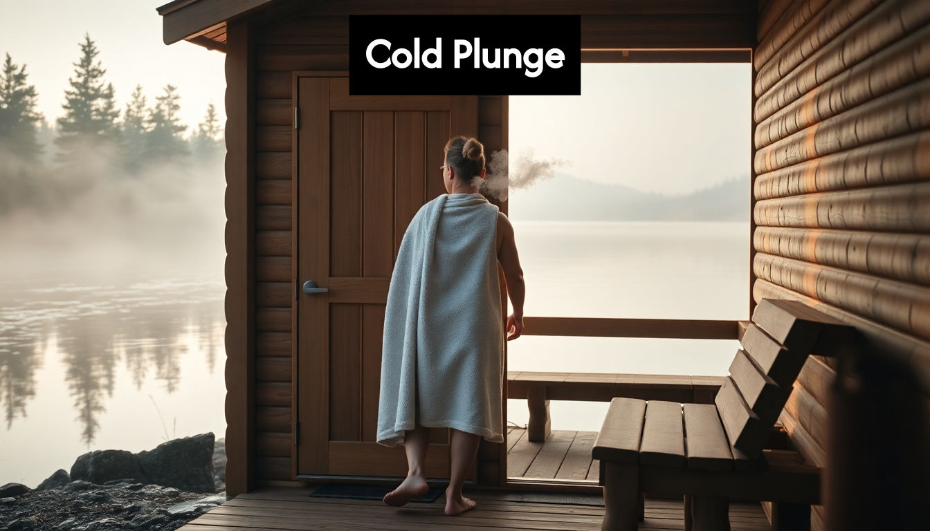 Person moving from sauna to cold forest lake