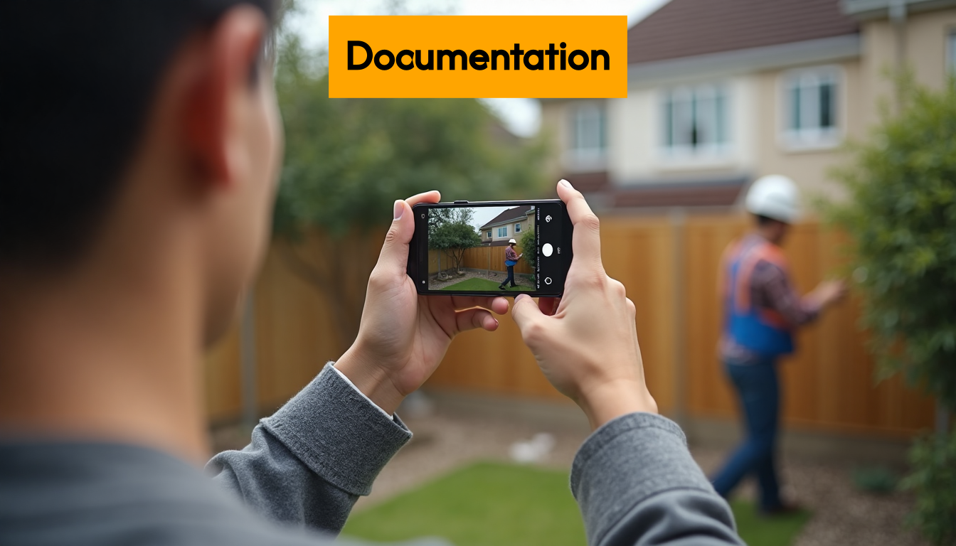 Person photographing neighbor's construction over a fence