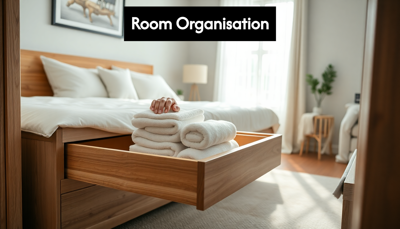 Person placing towels in storage bed drawer in organized bedroom