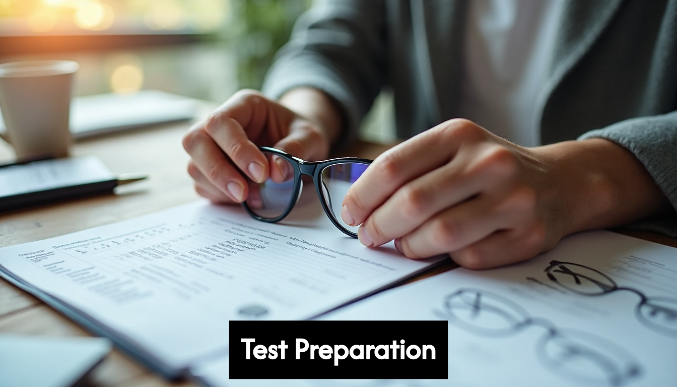 Person preparing for eye test with documents