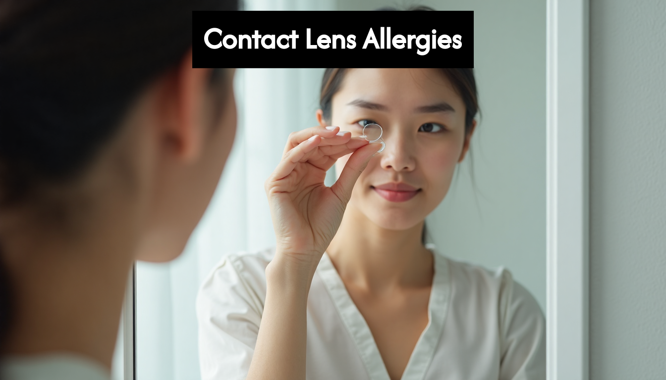 Person putting in a contact lens by a mirror