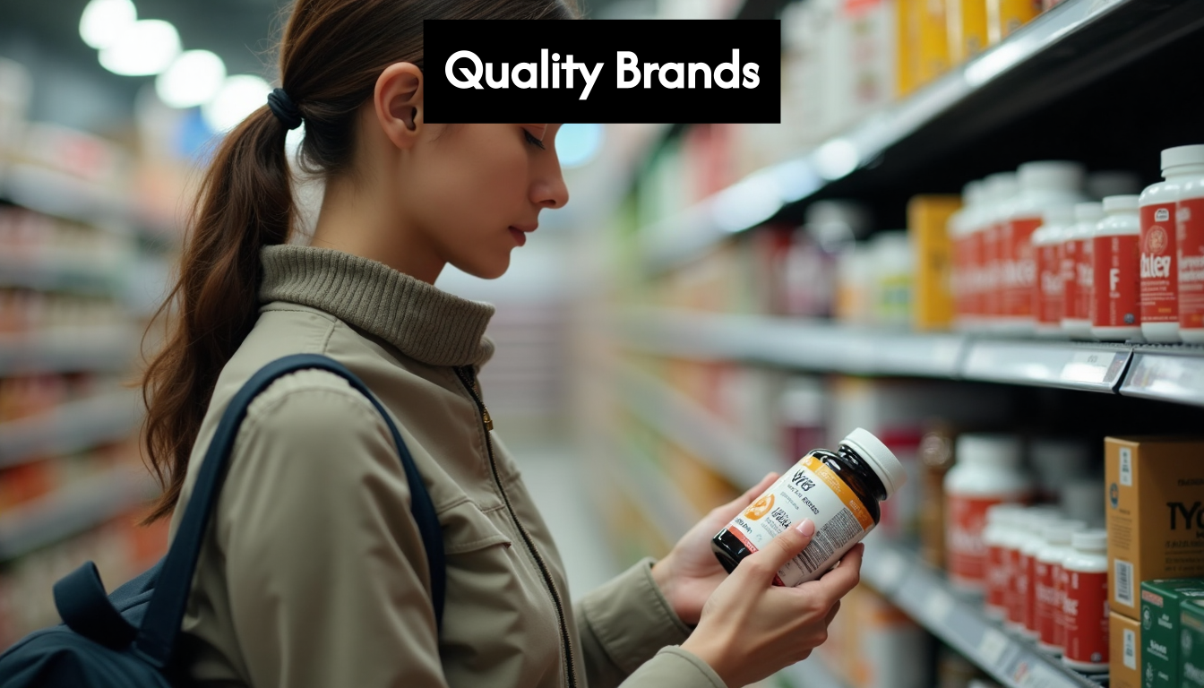 Person reading supplement bottle label in store aisle