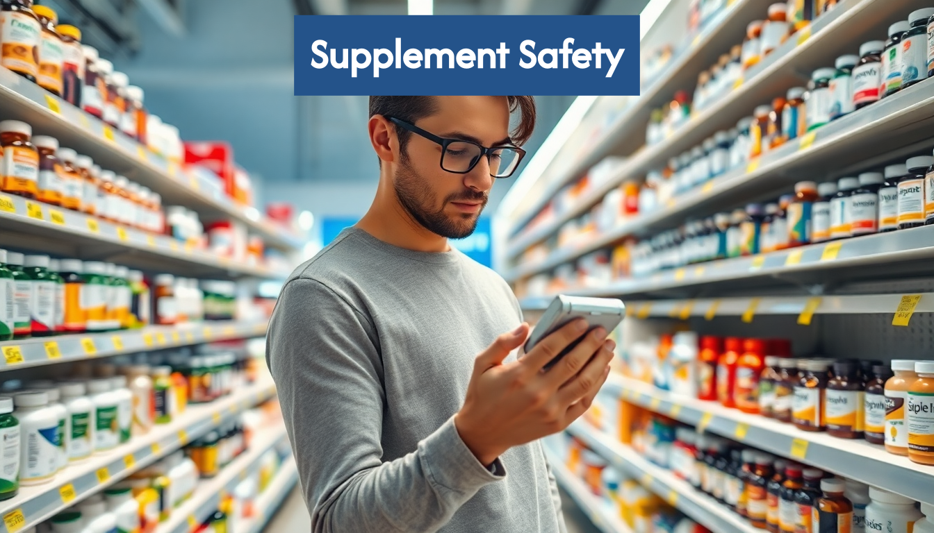 Person reading supplement label in pharmacy