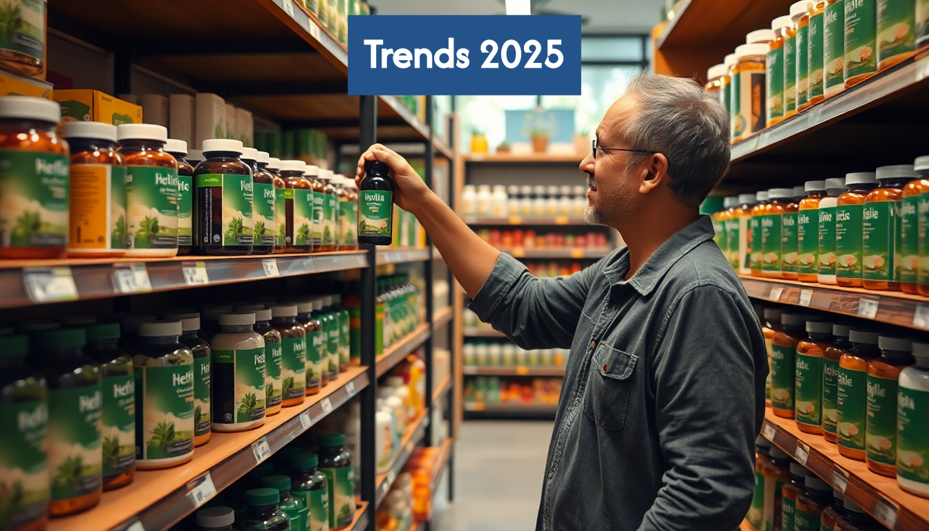 Person selecting herbal supplement in modern store