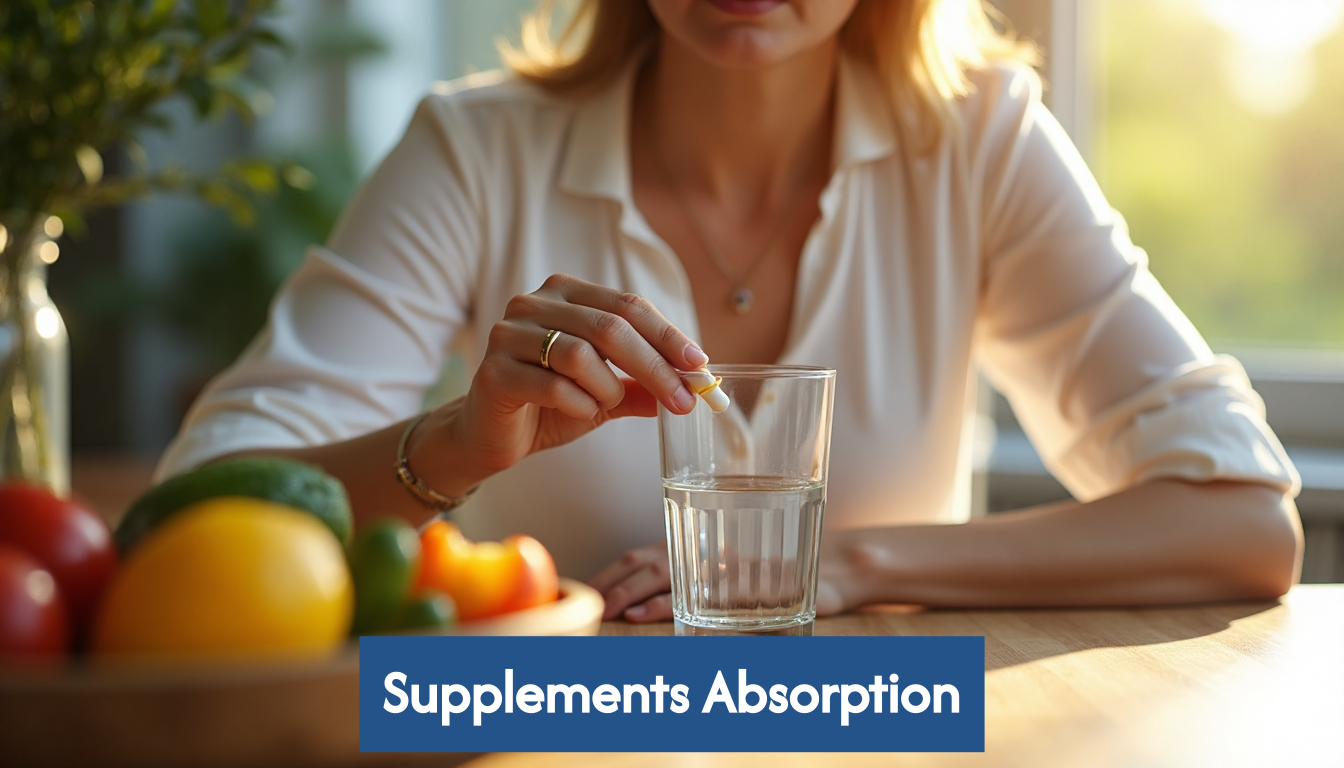 Person taking a supplement pill at a kitchen table