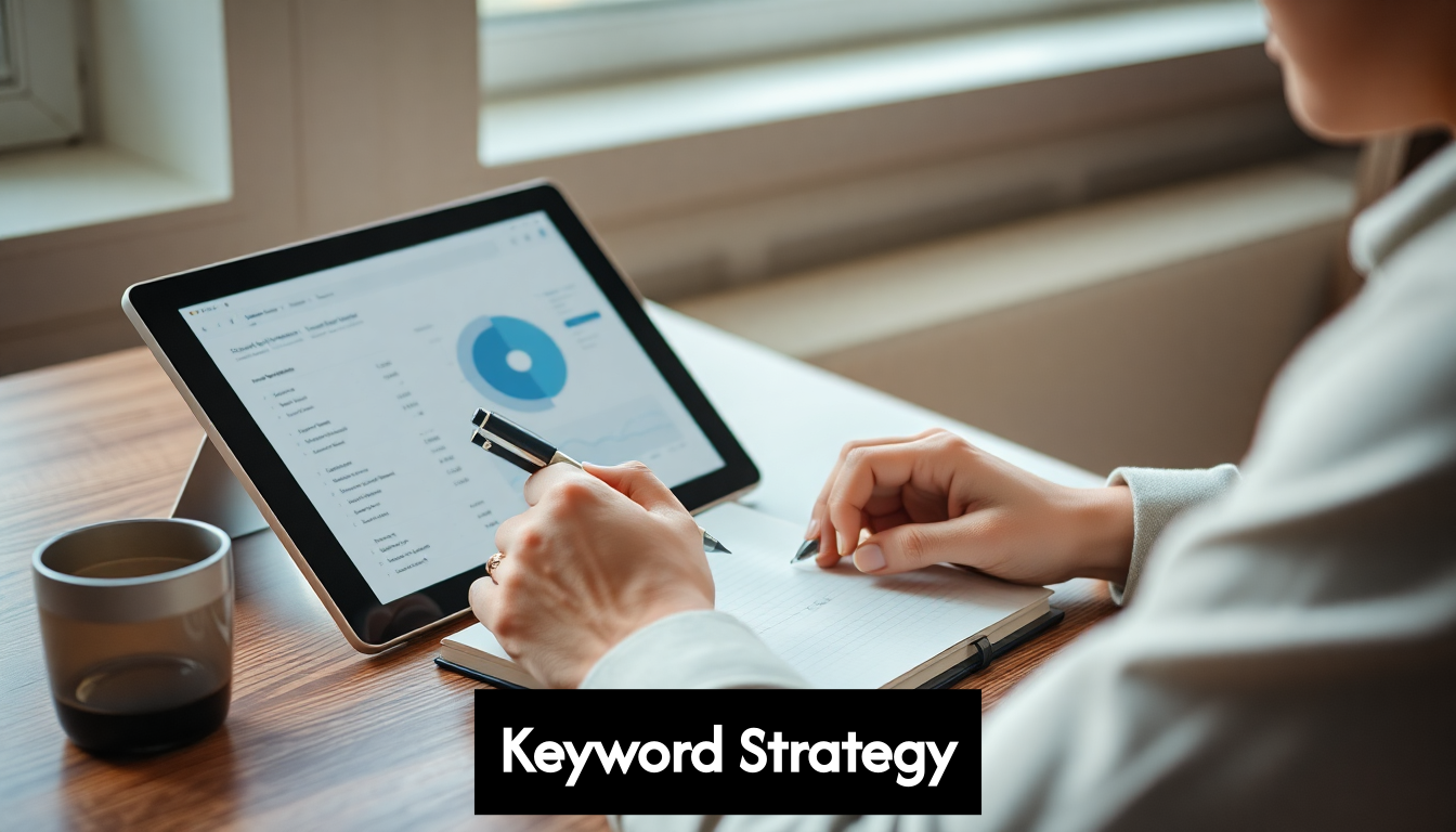 Person taking notes while reviewing keyword research on tablet