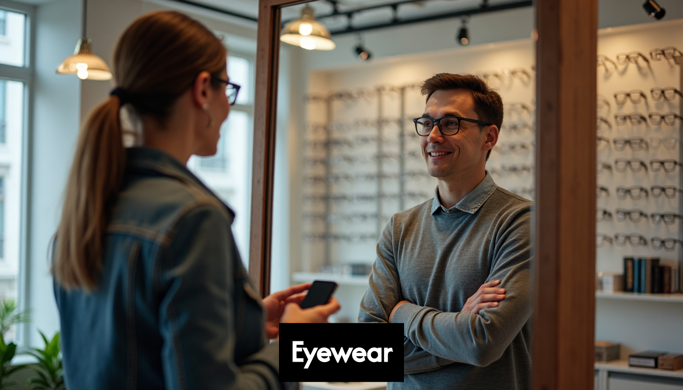 Person trying on glasses with an optician's help.