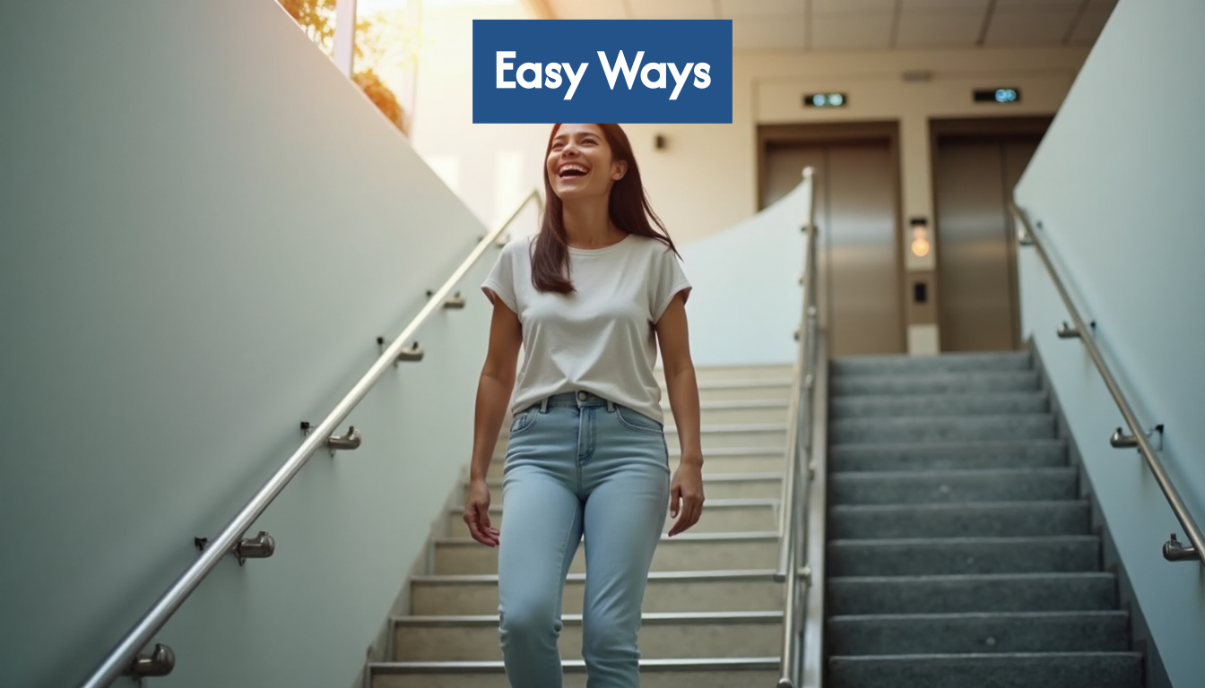 Person uses stairs instead of elevator.