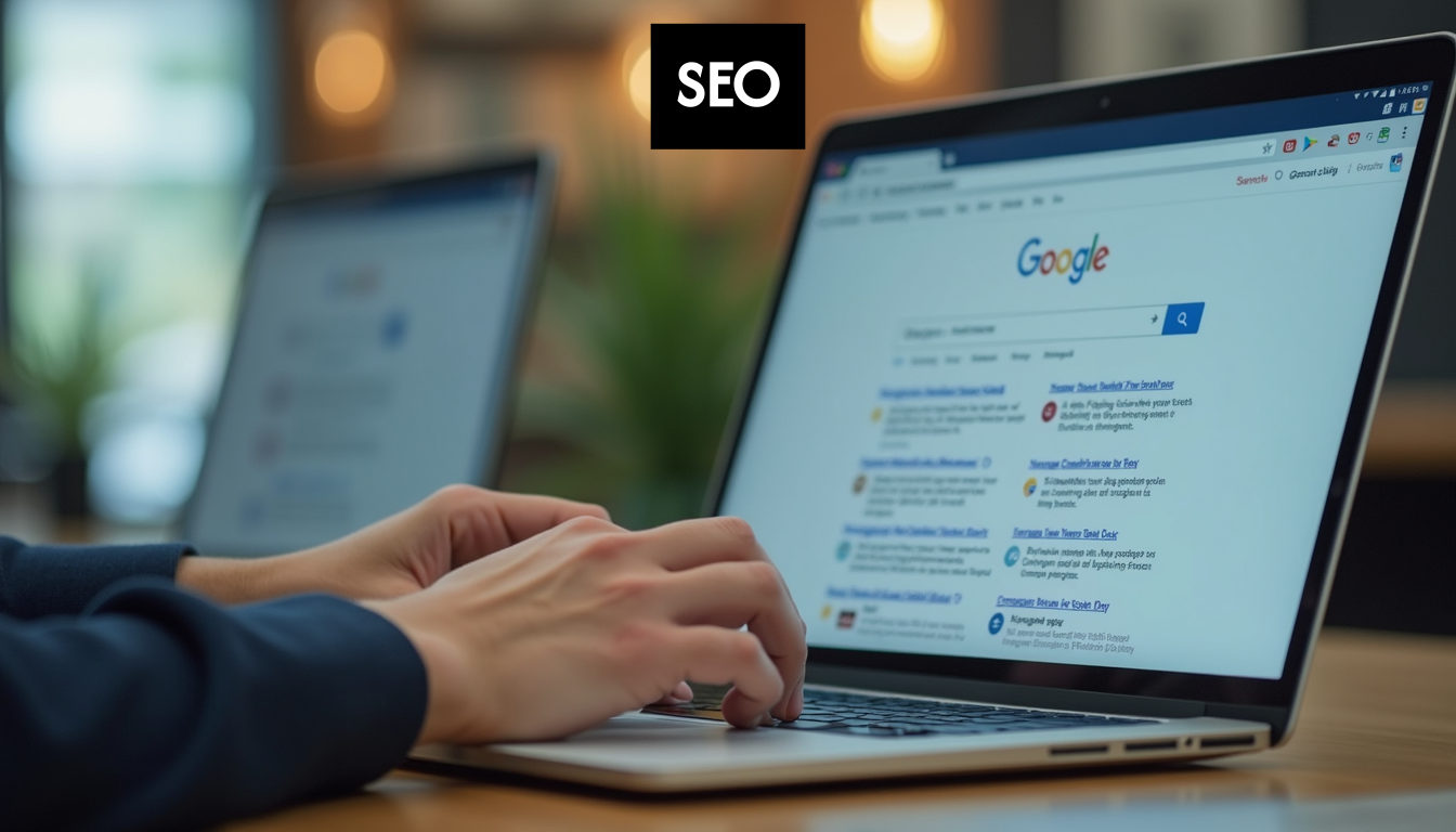 Person using a laptop showing search results.
