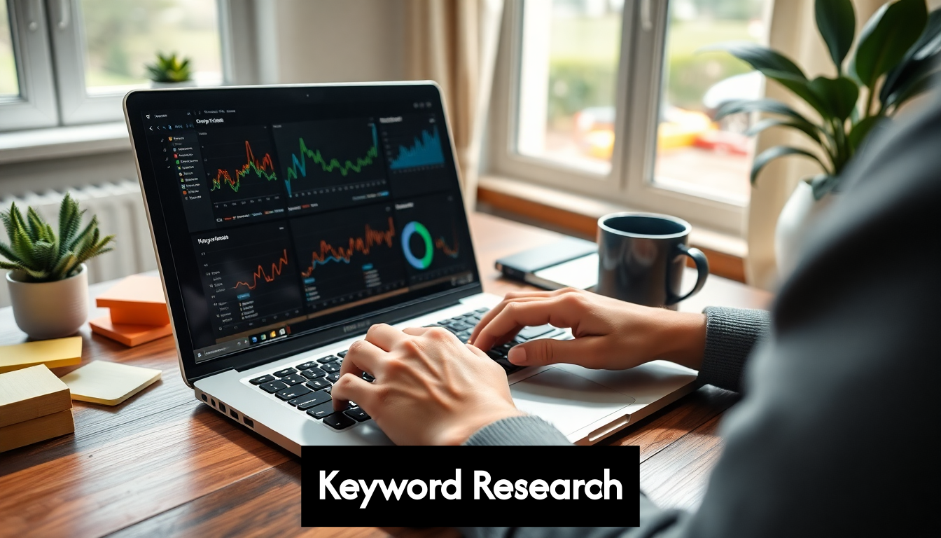 Person using laptop for SEO keyword research at home