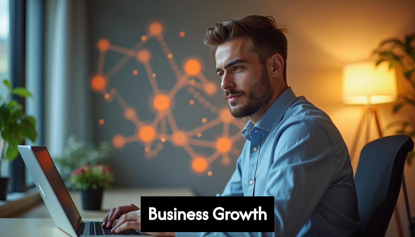 Person working on laptop with growth visuals