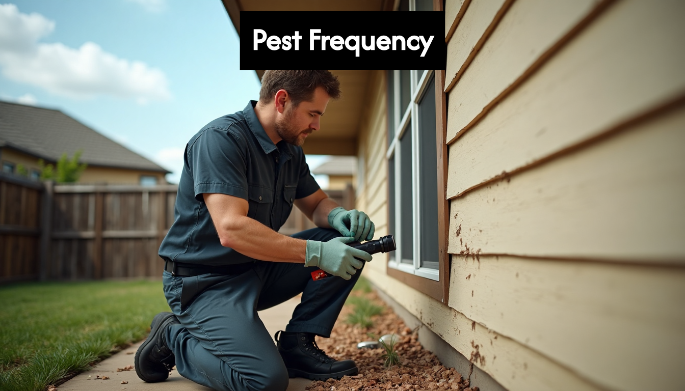 Pest control technician inspecting home exterior
