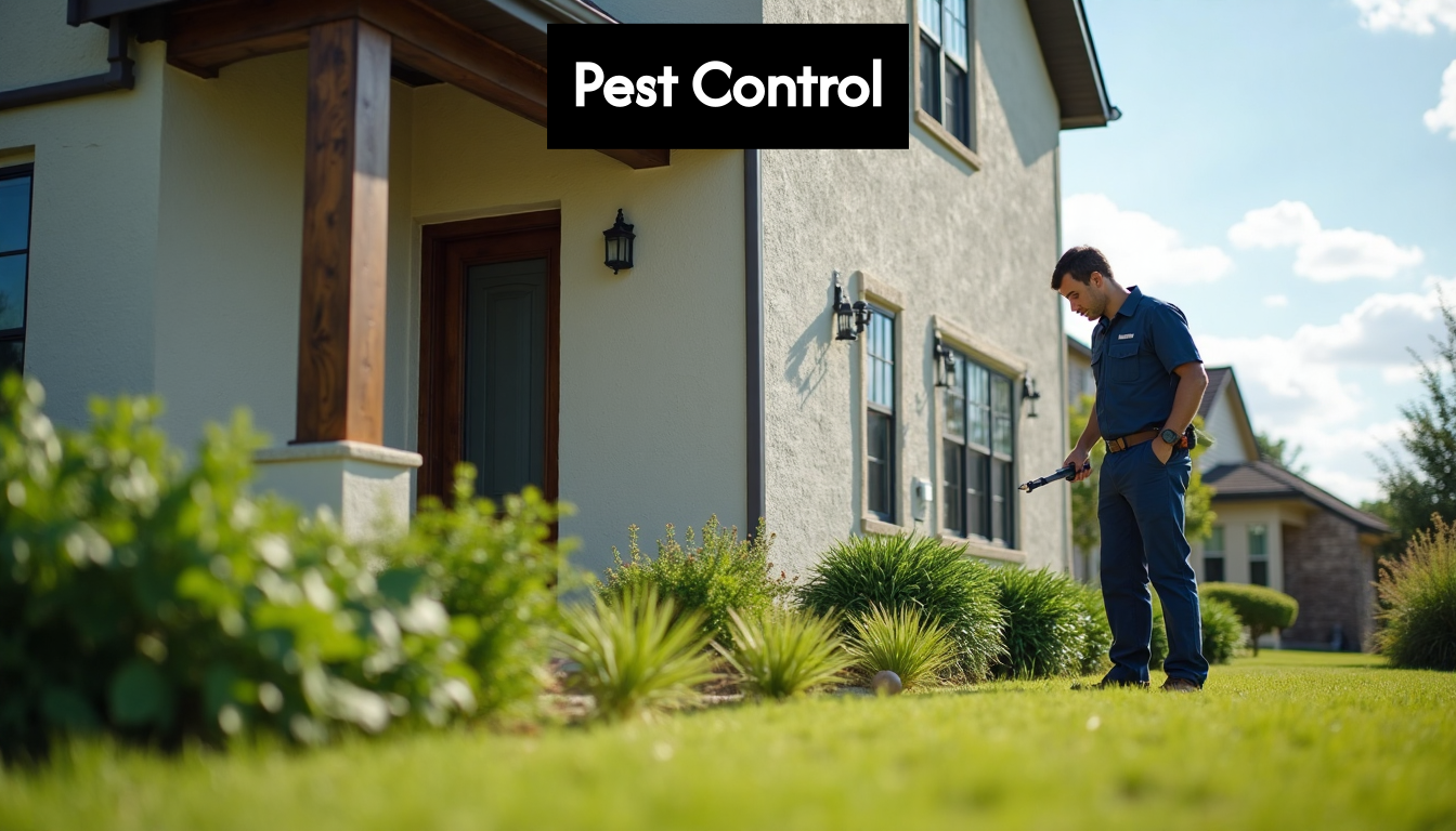 Pest control worker inspecting Texas house exterior
