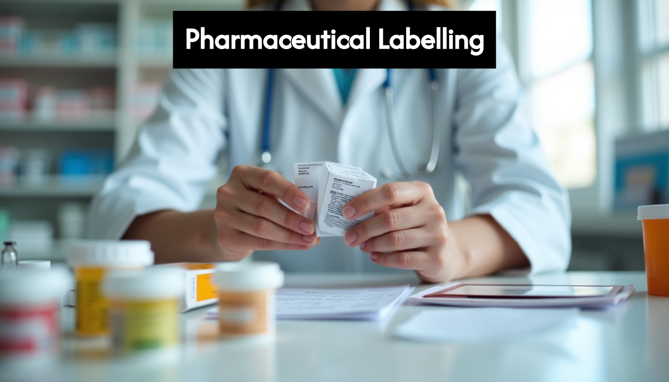 Pharmacist reviewing medicine packaging for compliance