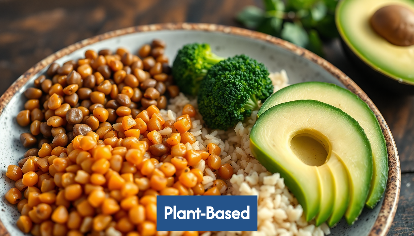 Plate with a varied plant-based meal.