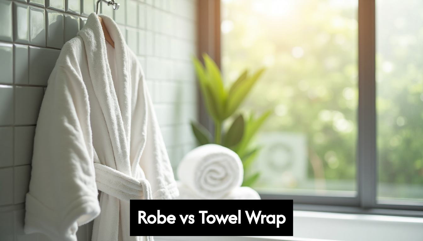 Plush bathrobe and towel wrap together in a serene bathroom