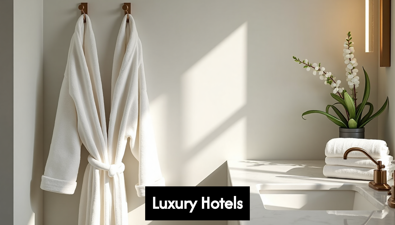 Plush bathrobes hanging in luxury hotel bathroom