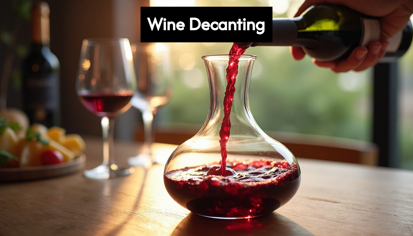 Pouring red wine into a glass decanter
