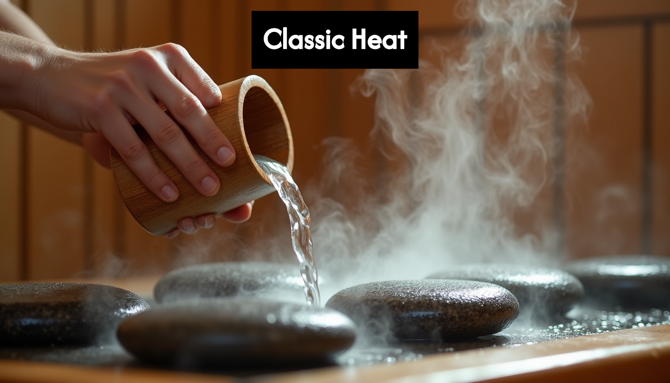 Pouring water on hot sauna stones.