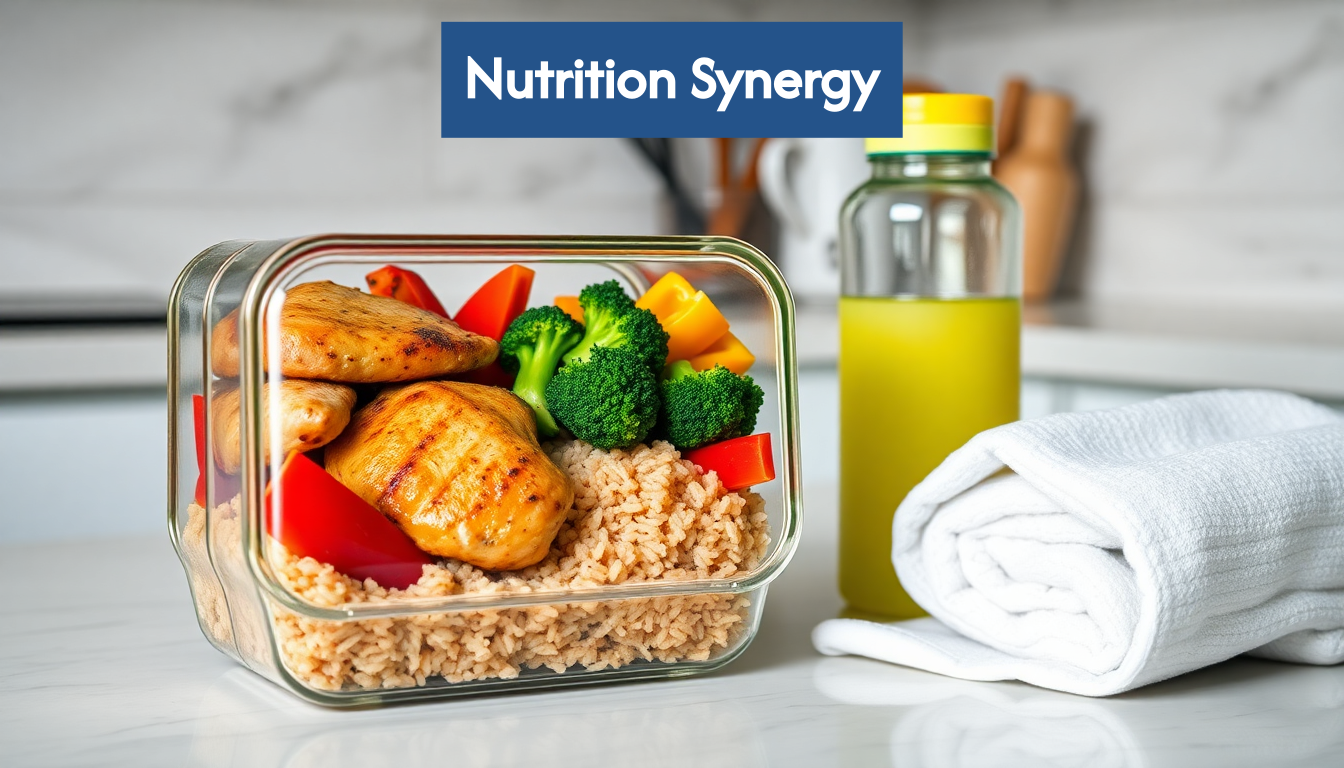 Prepared meal with lean protein, vegetables, and water bottle