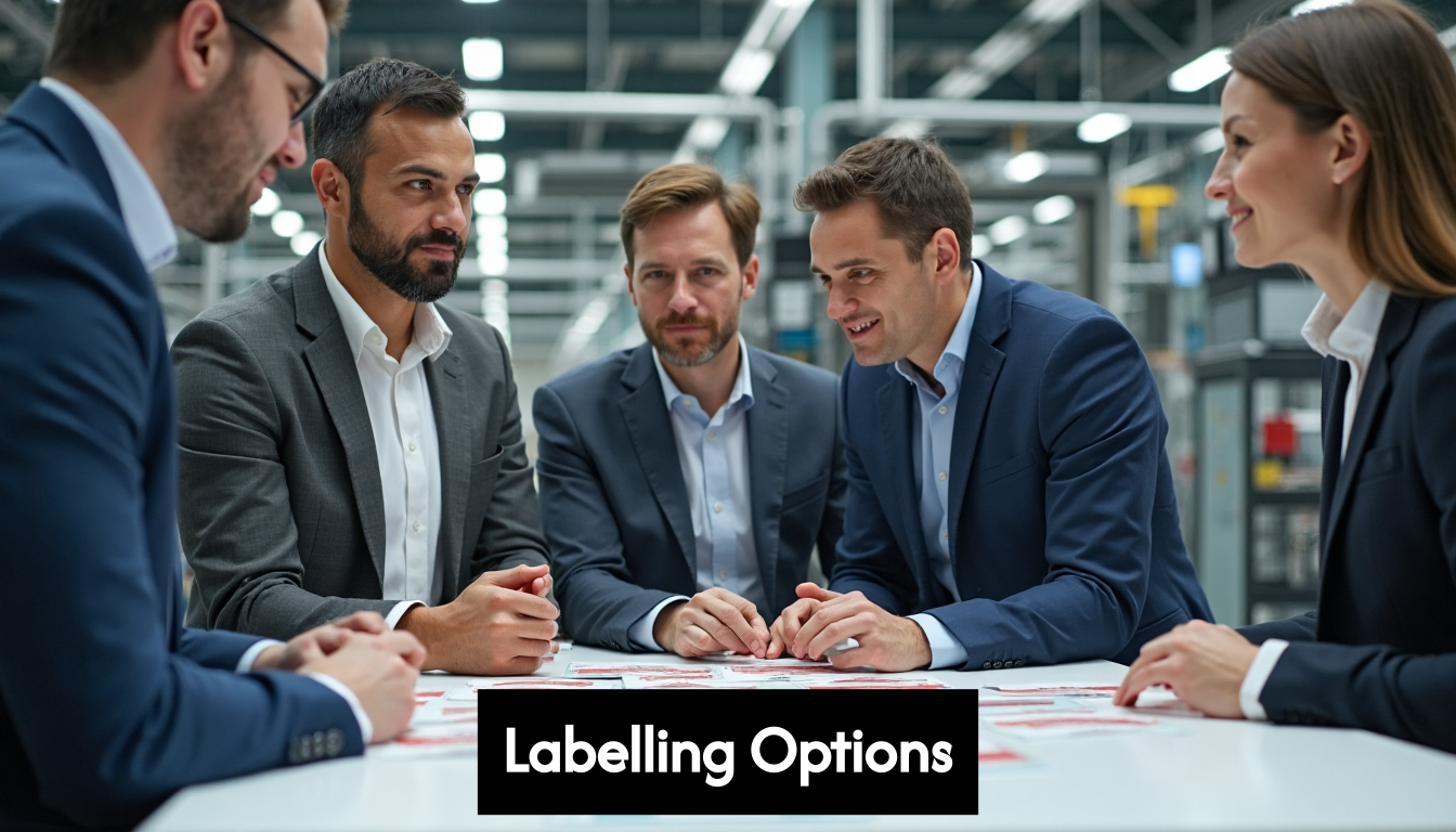 Production team reviews label options in factory