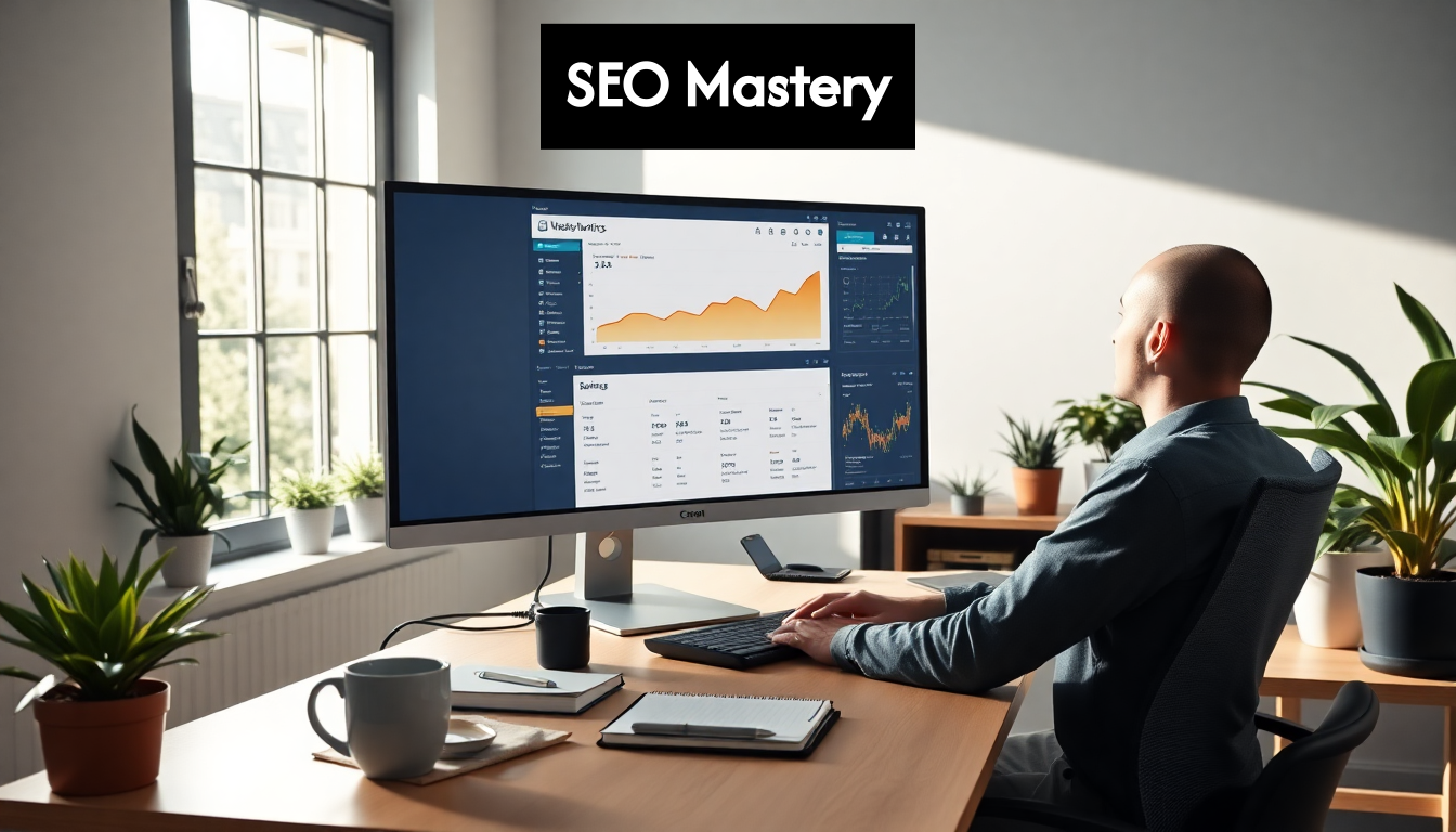 Professional analyzing SEO metrics at a computer desk