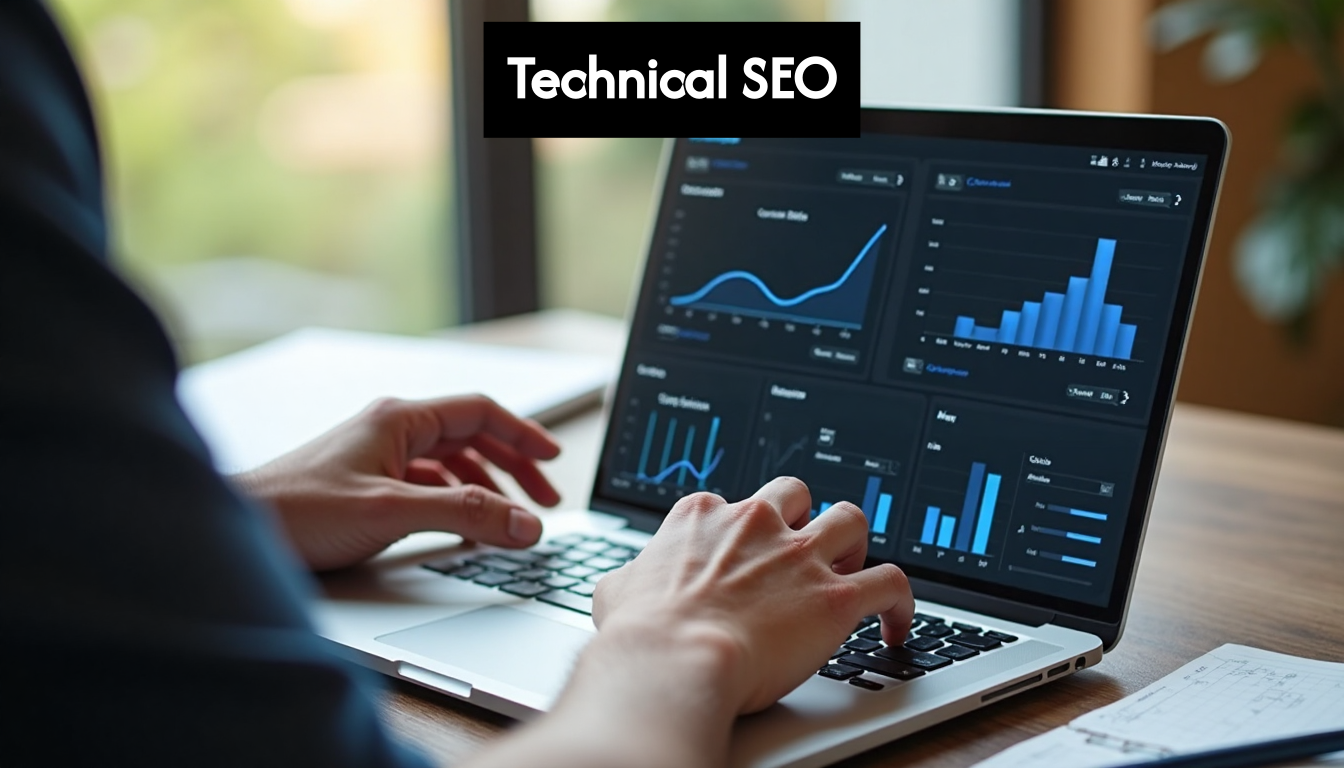 Professional checks technical SEO analytics on laptop