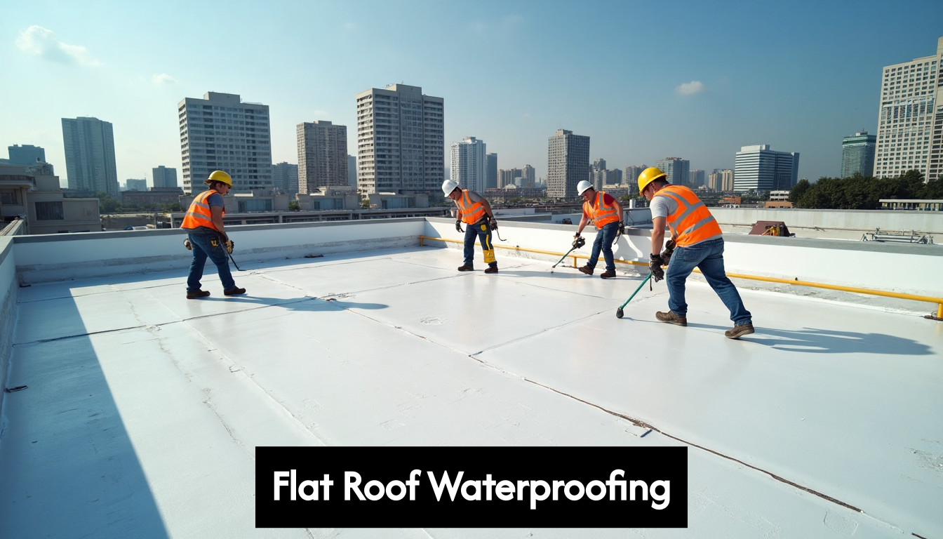 Professional crew waterproofing flat commercial roof